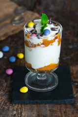 White chocolate ice cream and caramel dessert garnished with chocolate eggs and fresh mint