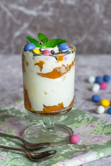 White chocolate ice cream and caramel dessert garnished with chocolate eggs and fresh mint