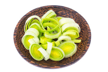 Plate with rings of chopped fresh leek