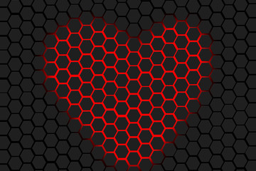 red heart shape light on 3d honeycomb, hexagon background