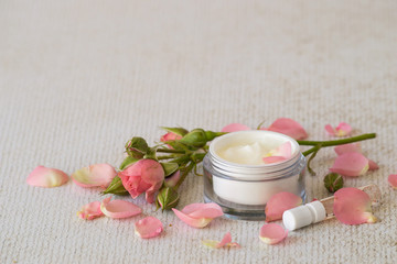 Obraz na płótnie Canvas Natural cosmetic. Fresh delicate petals of roses, a small round jar with cream for skin care face and a small bottle of essential oil on a light background. 