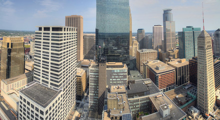 Minneapolis, Minnesota Skyline seen from above by Drone in Sprin