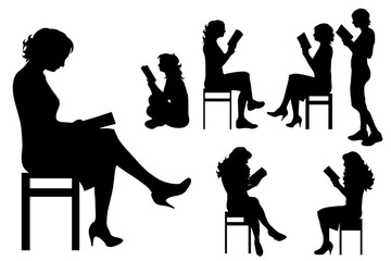 Vector silhouette of woman who read book on white background.