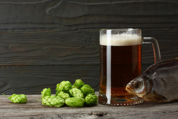 Glass beer with hop cones and dried fish on dark wooden background. Beer brewery concept. Beer background