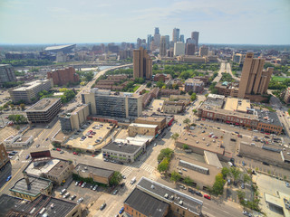 Fototapeta na wymiar Minneapolis, Minnesota Skyline seen from above by Drone in Spring