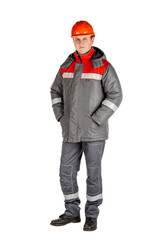 Male builder over white wall background. repair, construction, building, people and maintenance concept.