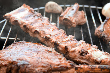 Appetizing juicy spare ribs on barbecue grill, close up