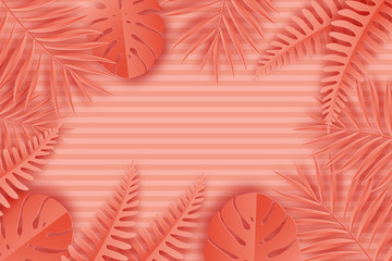 Tropical paper palm, monstera leaves frame. Summer tropical leaf. Origami exotic hawaiian jungle, summertime background. Paper cut. Minimal. Pastel art colorful style.