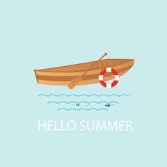 Banner, poster, card with text Hello Summer and  nautical vehicles: sail boat,  rowboat with wooden paddle and buoy