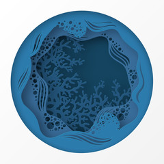 Paper underwater sea cave with coral reef, seabed in algae, waves. Paper cut deep style vector.  Deep blue marine life, diving concept. Ocean wildlife. Origami style
