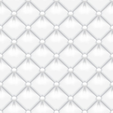 White padded leather upholstery vector seamless pattern. Quilted leather texture with buttons