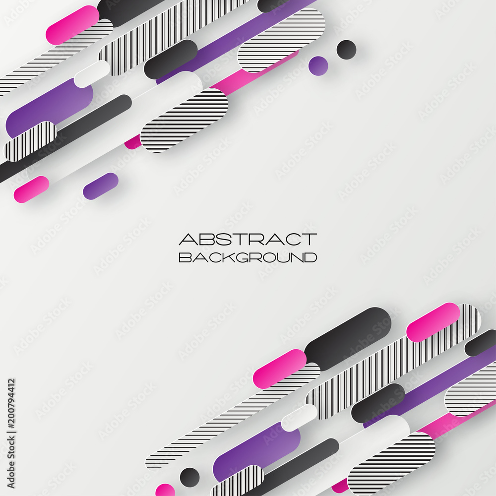 Poster abstract 3d background with white striped and colorful paper geometric shapes, lines and circles wit