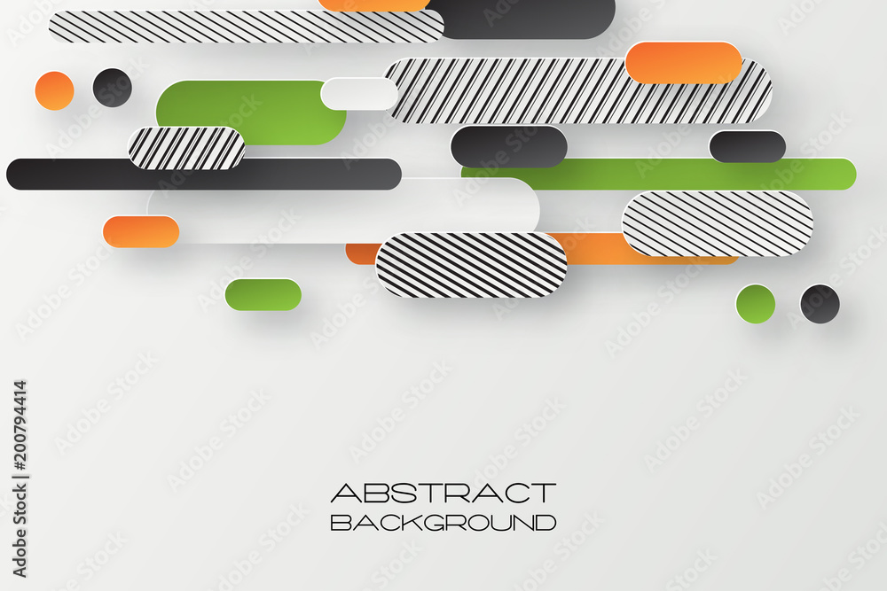 Poster abstract 3d background with white striped and colorful paper geometric shapes, lines and circles wit
