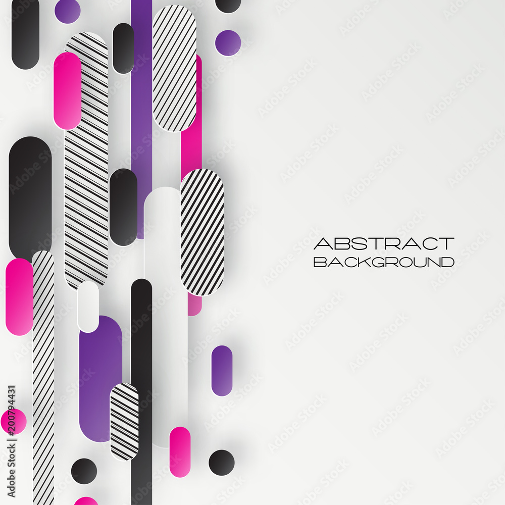 Poster abstract 3d background with white striped and colorful paper geometric shapes, lines and circles wit