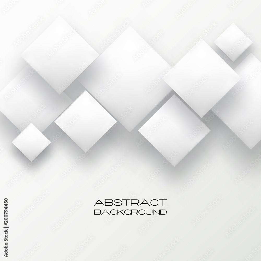 Poster abstract 3d background with white paper geometric shapes, rectangle tile with drop shadows on white 