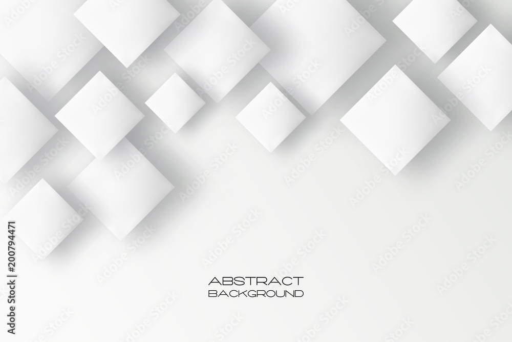 Poster abstract 3d background with white paper geometric shapes, rectangle tile with drop shadows on white 