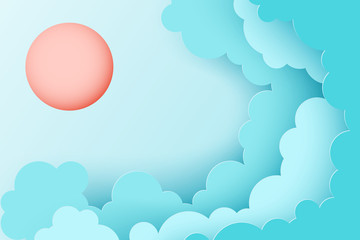 Modern paper art clouds and sun. Cute cartoon sky with fluffy clouds in pastel colors. Cloudy weather. Origami style