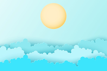 Modern paper art clouds and sun. Cute cartoon sky with fluffy clouds in pastel colors. Cloudy weather. Origami style