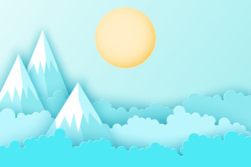 Modern paper art clouds, mountains and sun. Cute cartoon sky with fluffy clouds in pastel colors. Cloudy weather. Origami style