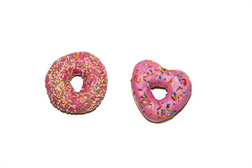 Strawberry glazed donuts isolated on a white background. Top view.