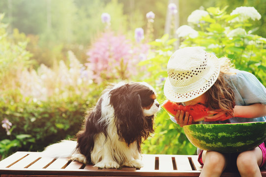 Summer Happy Child Girl Eating Watermelon Outdoor On Vacation, And Sharing It With Her Dog