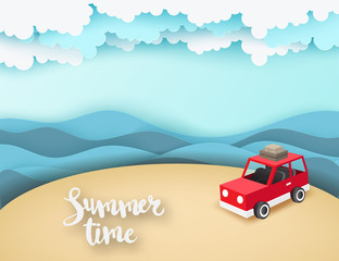 Paper art background with red car park at beach with sea waves, fluffy paper clouds and summer time text. Vacation and travel concept. Vector illustration