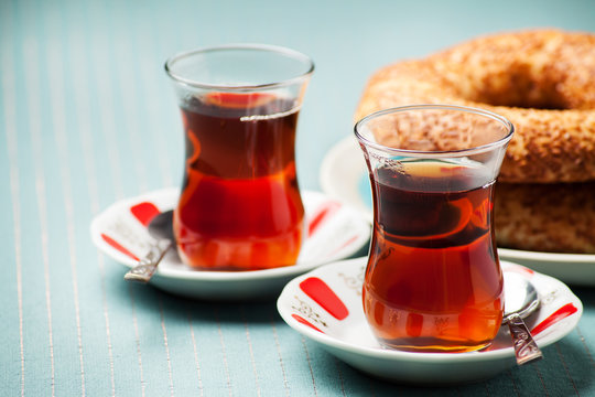 Turkish food: simit bread and cup of tea