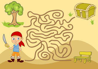 Maze game for kids. Cartoon boy with a toy sword looking for the path to the chest of jewels. 