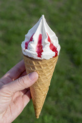 A female hand holds a beautiful ice cream on a green background.Close-up