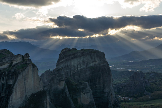 The mountain range in Meteora with the beautiful dramatic sky and light © yashka7
