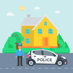 Fototapeta premium Police patrol on a road with police car, officer, house
