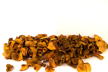 Placer of dry apple slices, isolated image on white background.