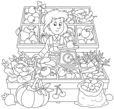 Greengrocer in a market. Smiling girl trader standing behind her counter  surrounded by vegetables and fruit, a black and white vector illustration  in a cartoon style for a coloring book Stock Vector