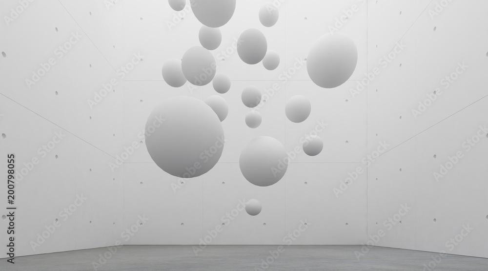 Aufkleber abstract of architecture space with white sphere ball are falling from sky to the ground with light 