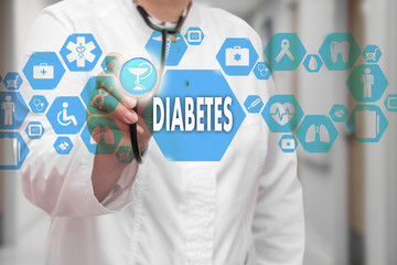 Medical Doctor with stethoscope and Diabetes icon in Medical network connection on the virtual...