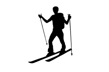 Fototapeta premium skialpinist silhouette, happy ski touring in mountains, touring skier on white background
