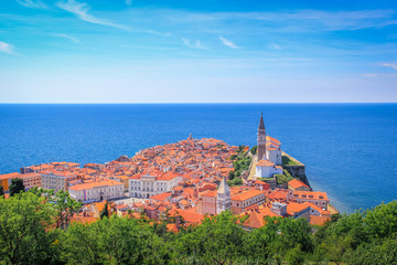 View of the Adriatic Sea and the tiled roofs of Piran, Slovenia