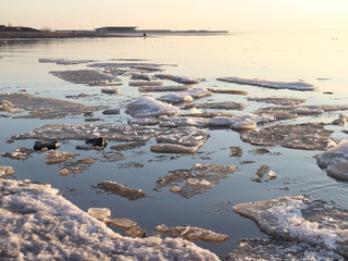 Spring in the city on the shore of the bay drift ice on the river © Andrey