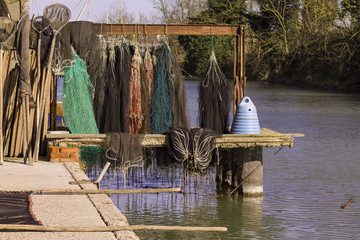 Fishing nets with floats on the waterfront