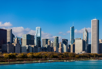 Fototapeta na wymiar Wide Angle shot of Chicago Skyline with various skyscrapers with a blue sky on a sunny day