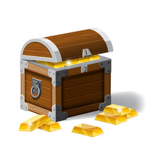 Old pirate chest full of gold bars, vector, cartoon style, illustration, isolated. For games, advertising applications