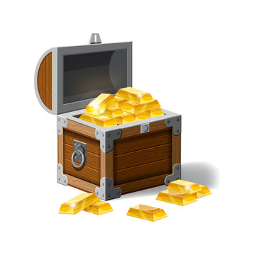 Old pirate chest full of gold bars, vector, cartoon style, illustration, isolated. For games, advertising applications