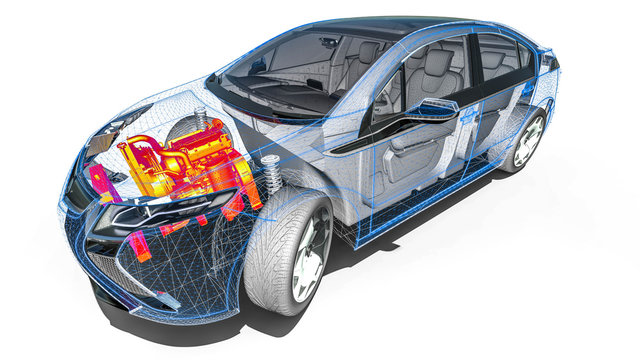 Engine scan in an wire frame car/3D render representing a scan of a car with an the engine in thermal color