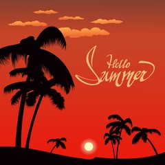 inscription hello summer against the backdrop of palm trees and tropical sunset