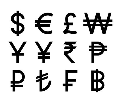 Popular countries currencies symbols. Black isolated currency icons.