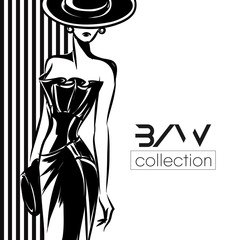 Black and White fashion woman silhouette, beautiful fashion model on black background logo vector illustration - 200801458