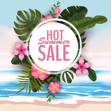 Sale summer banner, poster with palm leaves, jungle leaf and tropical flowers. Sea tropical summer background. Vector illustration EPS10