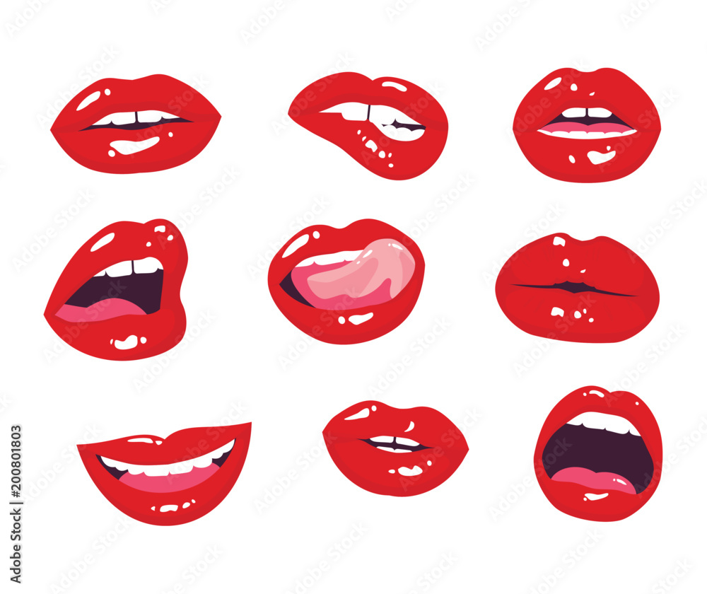 Wall mural Red lips collection. Woman mouth with a kiss, smile, tongue and teeth isolated on background. Isolated on white.