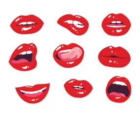 Fotobehang Red lips collection. Woman mouth with a kiss, smile, tongue and teeth isolated on background. Isolated on white. © vivali