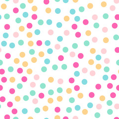 Colorful polka dots seamless pattern on white 3 background. Sublime classic colorful polka dots textile pattern. Seamless scattered confetti fall chaotic decor. Abstract vector illustration.